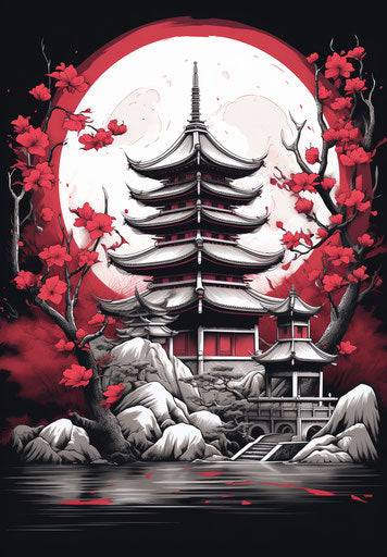 Asian pagoda with red and white lotus in background