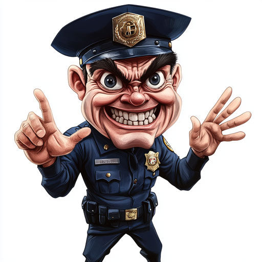 Humorous caricature of a police officer with human characteristics