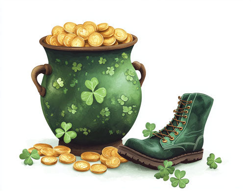 Clover and gold coins near green boot on white background