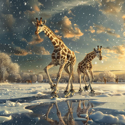 A winter wonderland where giraffes glide gracefully on ice skates