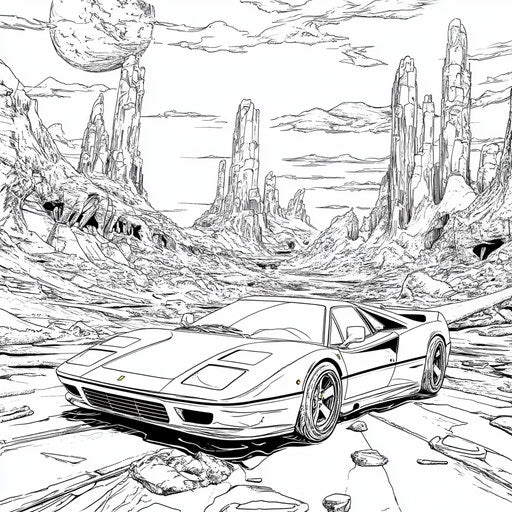 Ferrari in a sci-fi landscape, Hideo Kojima style, imaginative and bold coloring book page