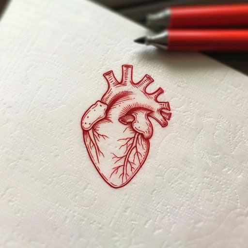 Simple single needle heart tattoo sketch with minimalist design in bright red