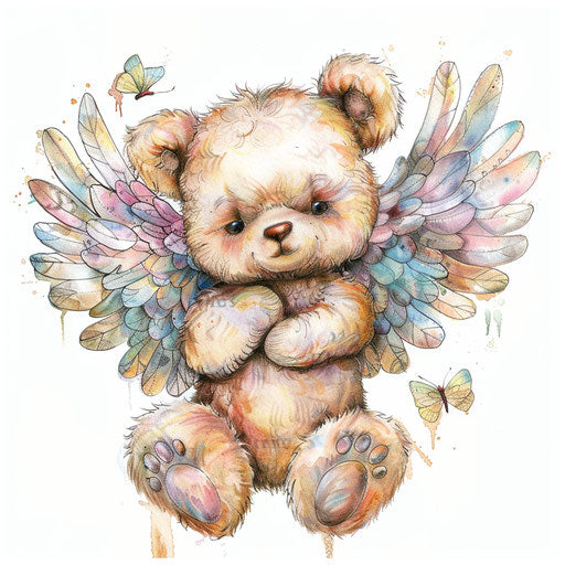 Teddy bear angel tattoo, delicate wings, soft pastel colors