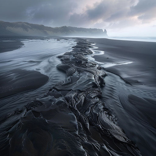 Black sand beach with intricate lava formations