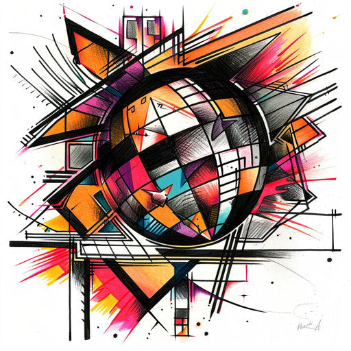 Abstract disco ball tattoo sketch with bold colors and dynamic shapes