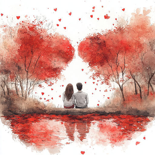 Heart-shaped lake with couple, tree, red leaves