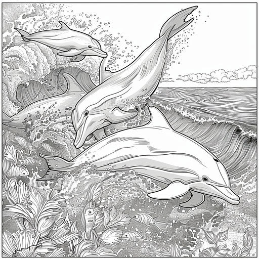 Playful dolphins in the ocean, Mike Zeck Coloring book style