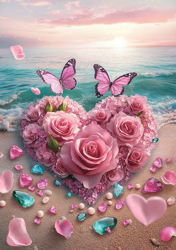 3D diamond painting of heart-shaped beach with pink roses
