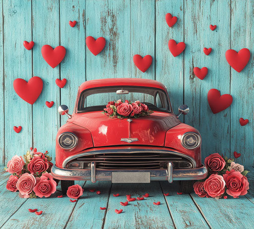 3D vintage car with roses and hearts on blue wooden background, Valentine's Day theme