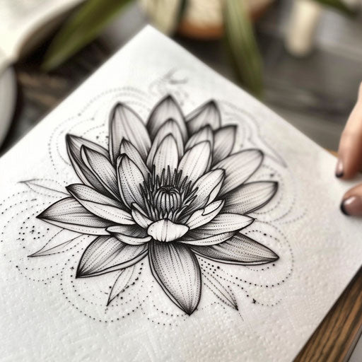Blackwork water lily tattoo art, strong black lines