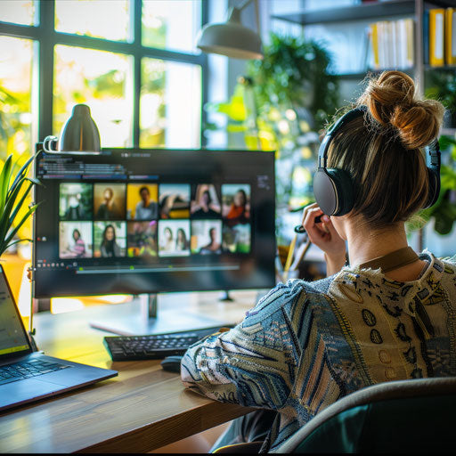 Virtual meeting with person wearing headphones in tidy home office