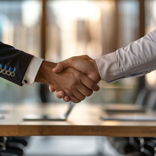 A business professional shaking hands with a client in a modern boardroom