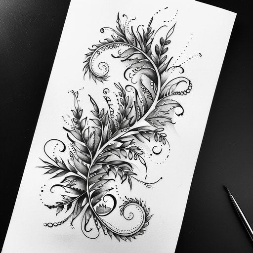 Art nouveau inspired fern tattoo on white paper