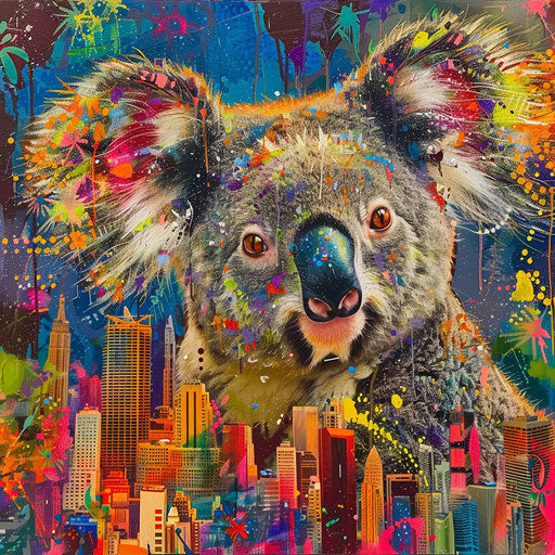 Koala with vibrant urban background, nature and city life