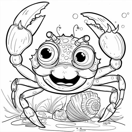 Whimsical cartoon crab holding a seashell