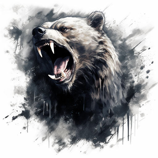 Bear in dynamic movement, action painting style, grey white