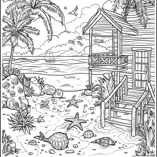 Fun summer beach scene for holiday vacation. Coloring book page