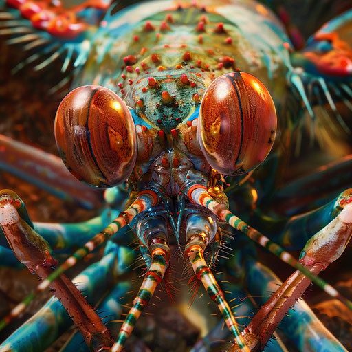 Portrait of a mantis shrimp with detailed textures and intense gaze