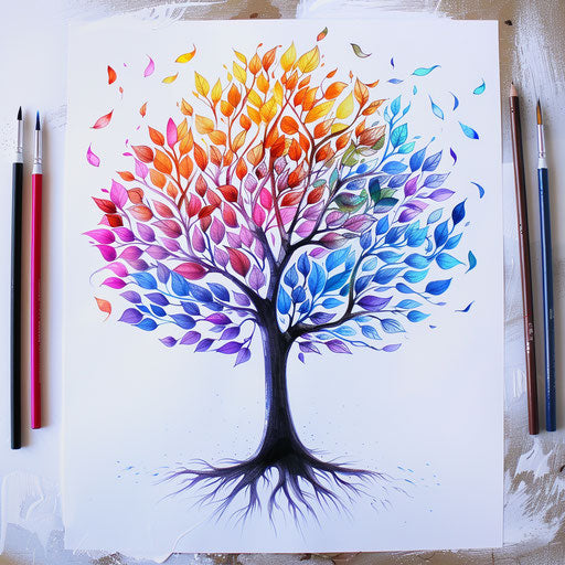 Tree with pride-colored leaves, flat tattoo sketch