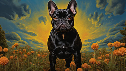 Black French Bulldog Standing in Grass with Yellow Flower