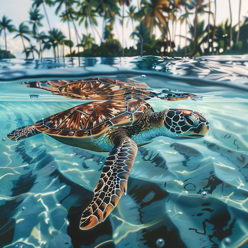 Sea turtle beneath tropical palms reflections