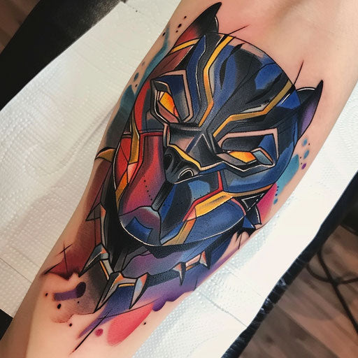 Retro comic book style black panther tattoo, bold and colorful, on white backdrop