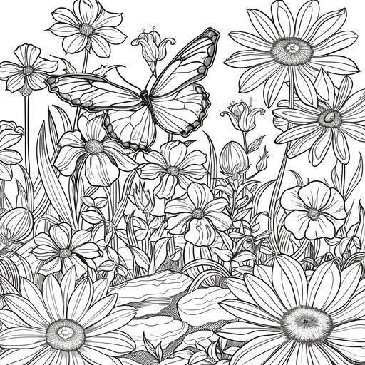 Butterfly garden with assorted flowers. Coloring page
