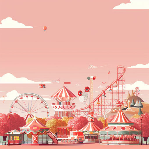Realistic amusement park on flat dusky rose background
