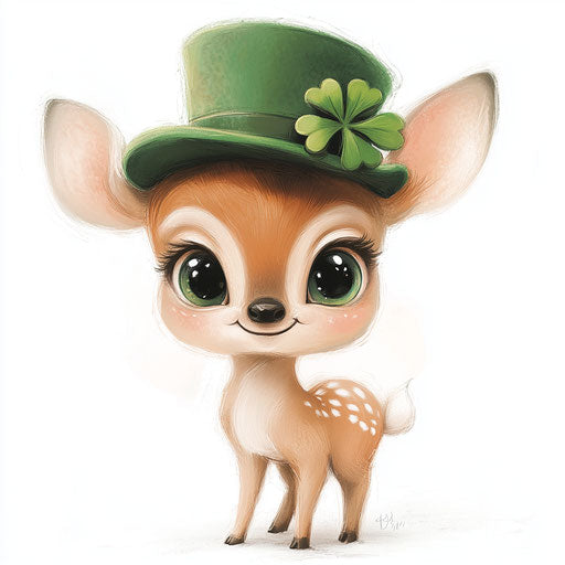 Saint Patrick's Day fawn with big eyes wearing a hat