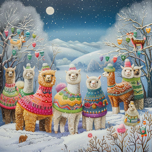 Alpacas in colorful sweaters in a snowy landscape