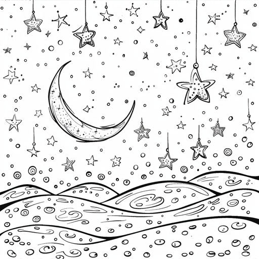 Starry night with crescent moon and twinkling stars