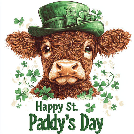 St. Paddy's Day, baby Highland cow in green hat with shamrocks