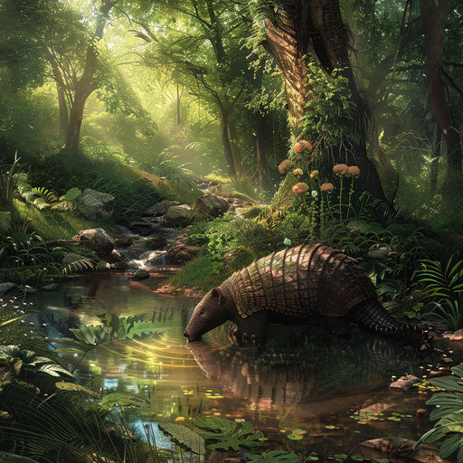 Armadillo drinking in lush forest