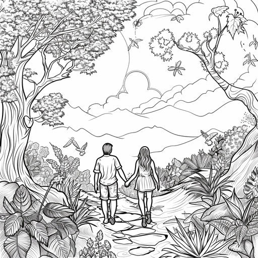 Adam and Eve walking through the garden