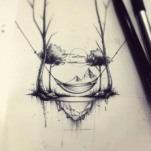 Tranquil flat tattoo sketch of a hammock between two trees in a serene dream setting
