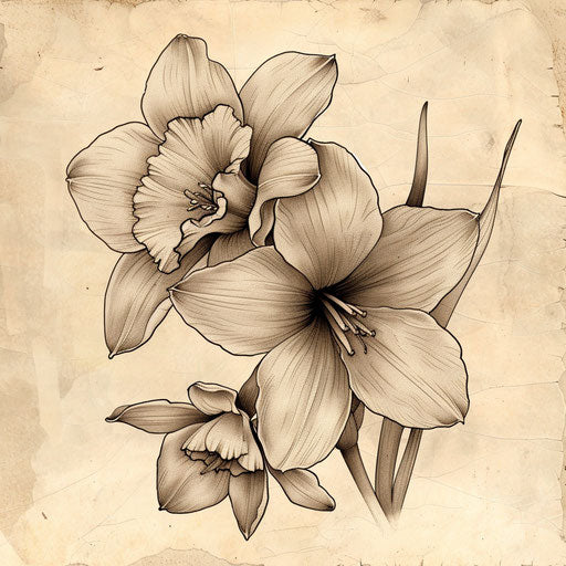 Vintage-style narcissus flower tattoo design on white parchment