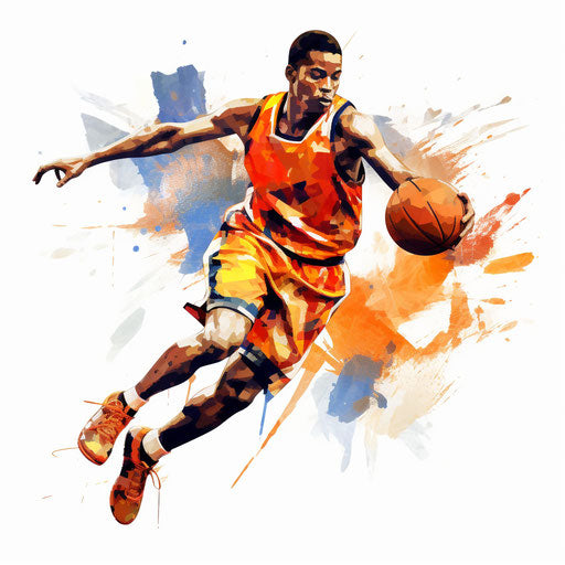 Playing basketball, oil painting style on white background