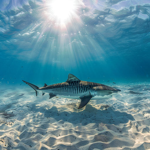 Majestic presence of a tiger shark patrolling the sandy ocean floor