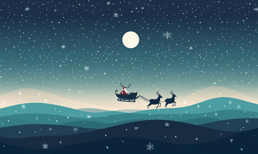 Silhouette of Santa Claus in a sleigh flying against a starry sky with a moon