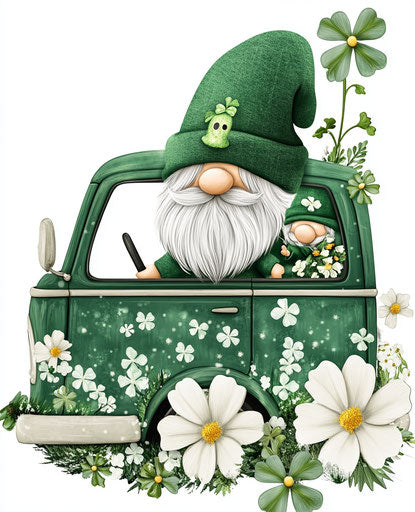 Saint Patrick's Day gnomes driving a green van with white flowers