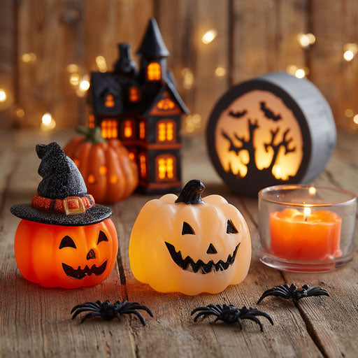 Halloween Decorations on a Wooden Surface