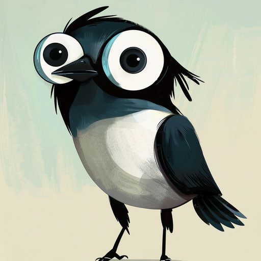 Charming flat tattoo sketch of a cartoonish magpie with oversized eyes