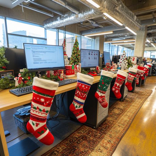 Workplace adorned for holidays with festive Christmas socks