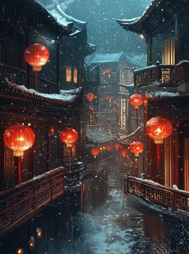 Architectural elements in Chinese style with red lanterns in the courtyard, snow-covered ground, surrounded by buildings