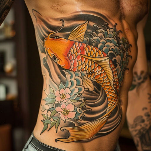 Stomach tattoos men of a koi fish, Ed Hardy style