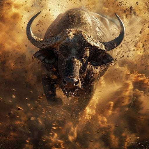Wild buffalo in dynamic action shot in the style of Will Burrard-Lucas