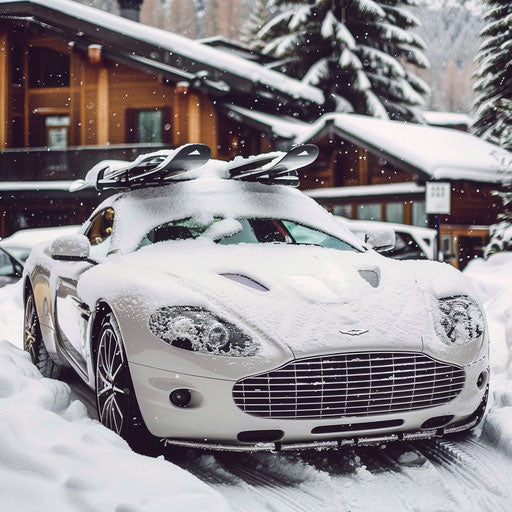 Snow-covered Aston Martin DB7 Zagato with ski racks, in a winter sports resort parking lot.