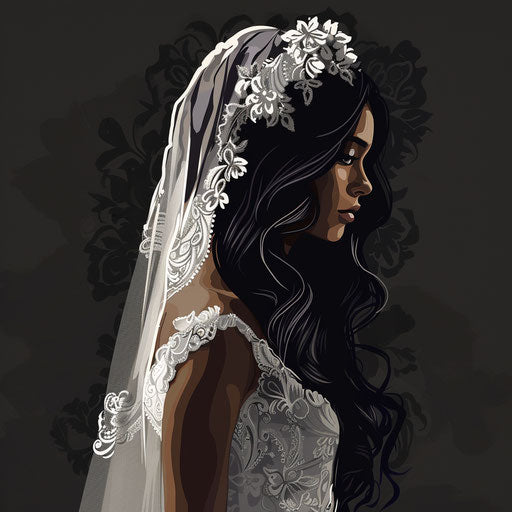 Realistic illustration of bride on dark background, dramatic contrast
