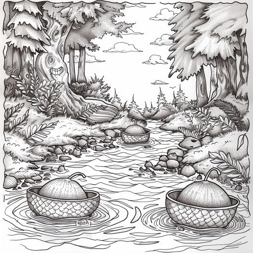 Acorns floating on a stream like little boats