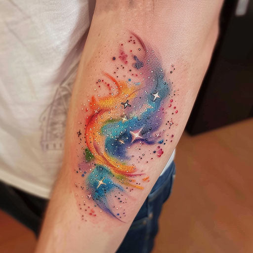 Watercolor tattoo of a galaxy and stars